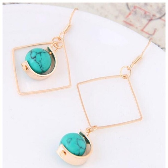 Turquoise Ball Inlaid Dangling Square Earrings - Picture 2 of 5